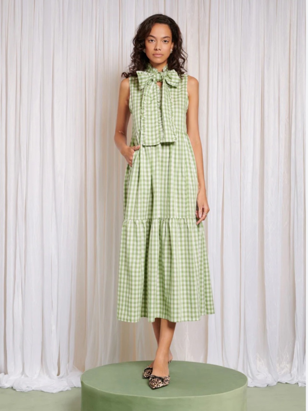 Sister Jane Dress Stables Gingham Bow Midi in Green White